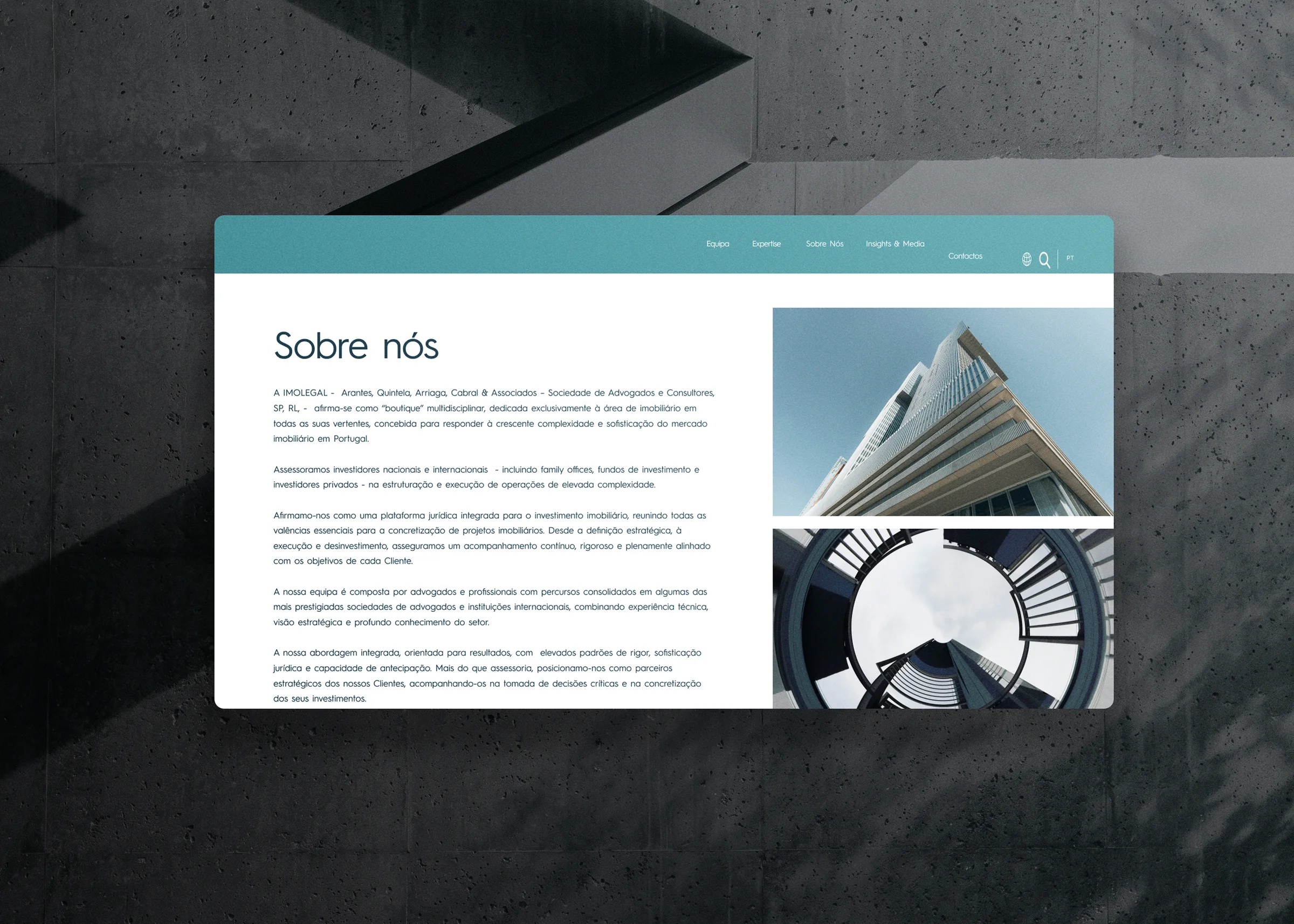Página sobre nós do site da Imolegal em mockup de desktop